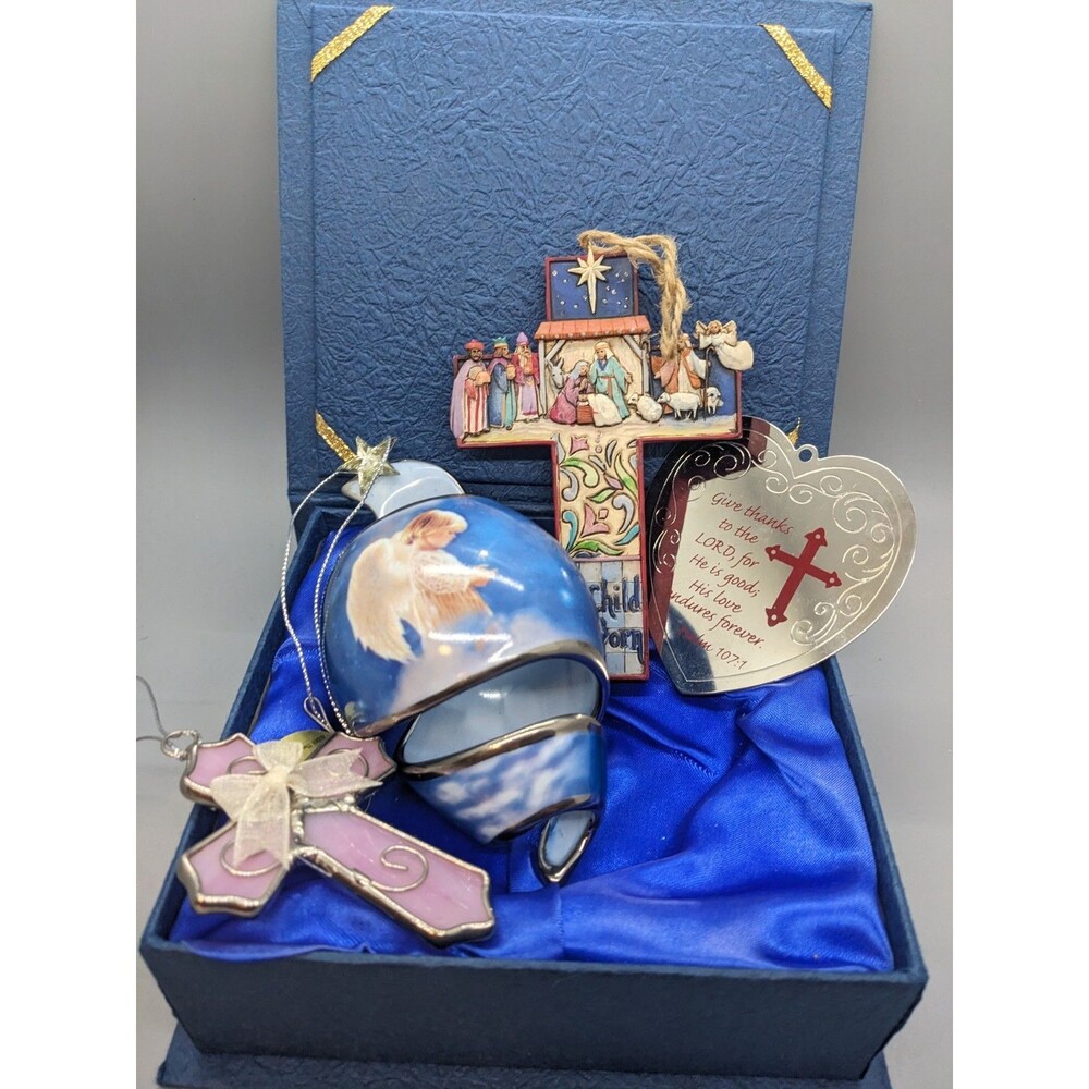 Religious Christmas Ornaments Lot 4 Cross, Angel, Bradford Exchange Jim Shore